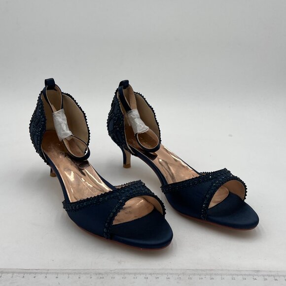 XYD Navy Chic Peep Toe D'Orsay Kitten Heel Rhinestone Studs Ankle Strap Sandals - Picture 4 of 8